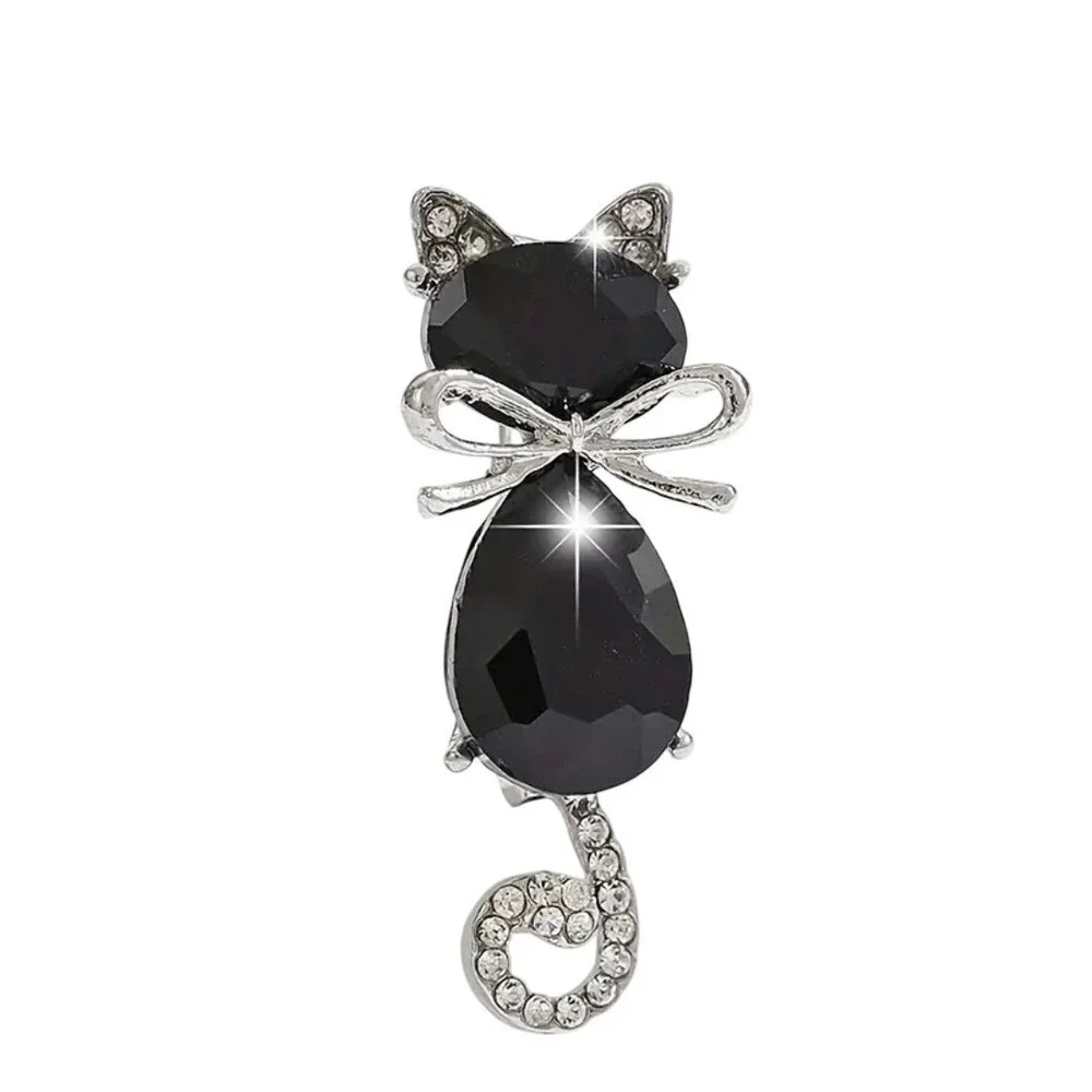 Black Cat Crystal‎ Brooch Pin Silver Tone Rhinestone Feline Jewelry Accessory